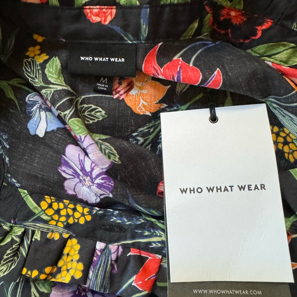 Who What Wear Black Floral Shirt Dress Cap Sleeve Button Front Belt Med NWT - Picture 4 of 9